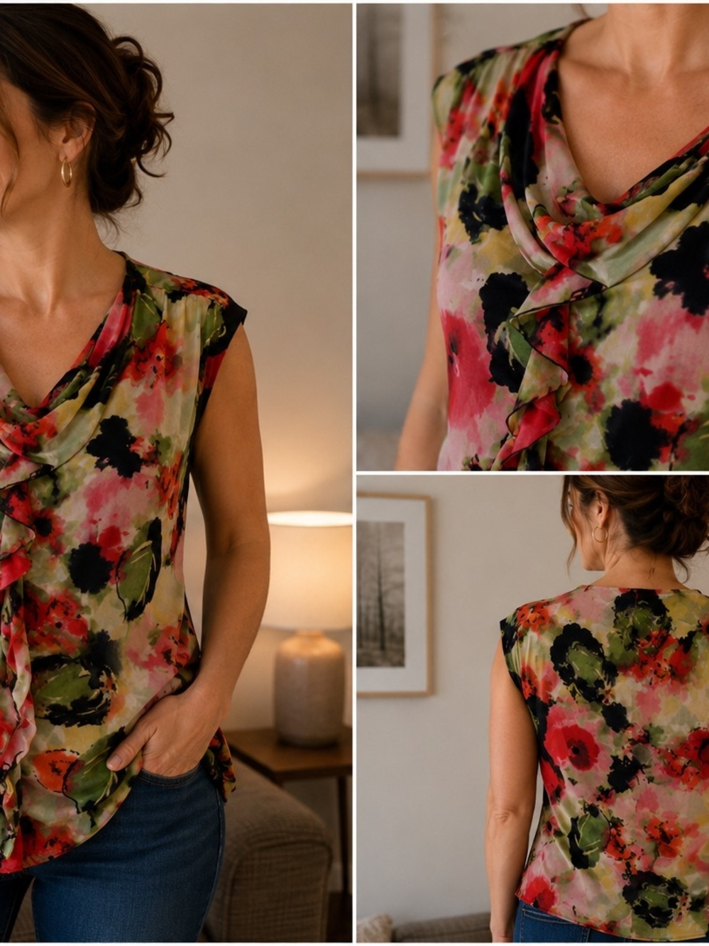 Style & Co. Watercolor Floral Ruffle Cowl Neck Camisole - Pink Green Black